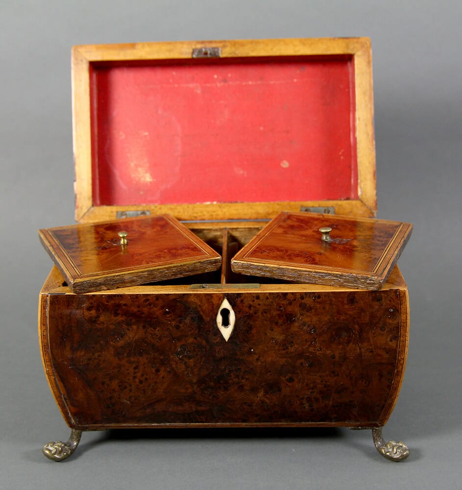 Regency Yew Wood and Ebonized Wood Tea Caddy Regency Yew Wood and Ebonized Wood Tea Caddy